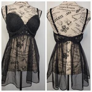 Victorias Secret Chemise Dress 36C Pushup Sheer Lace Black Whimsygoth Dark Fairy